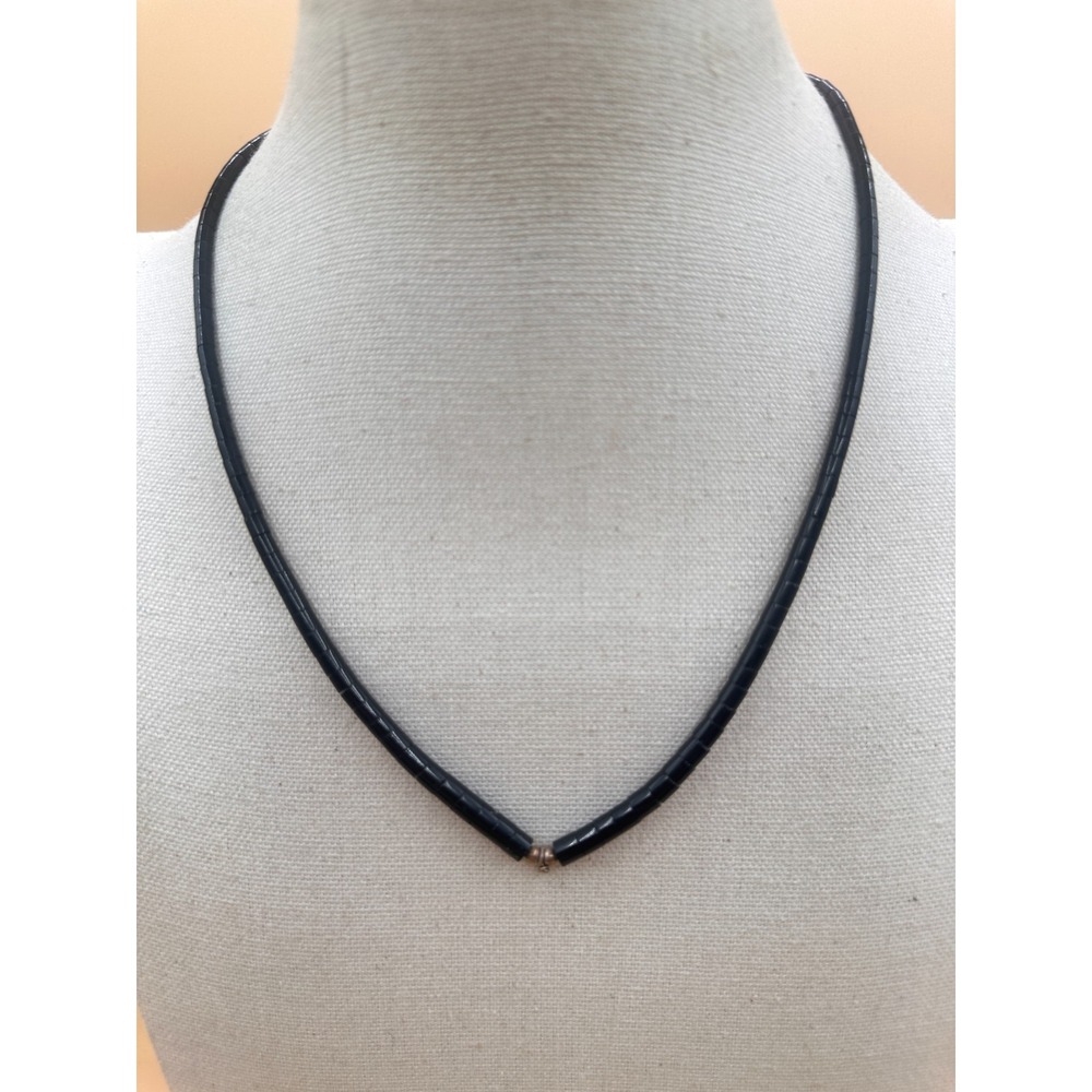 Black Tube Bead Necklace Silver Tone Hook Clasp Minimalist Gothic Boho Vintage